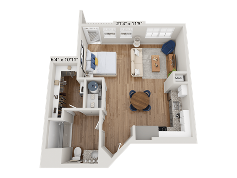 Floor plan for studio, 1 bath, 615 sqft
